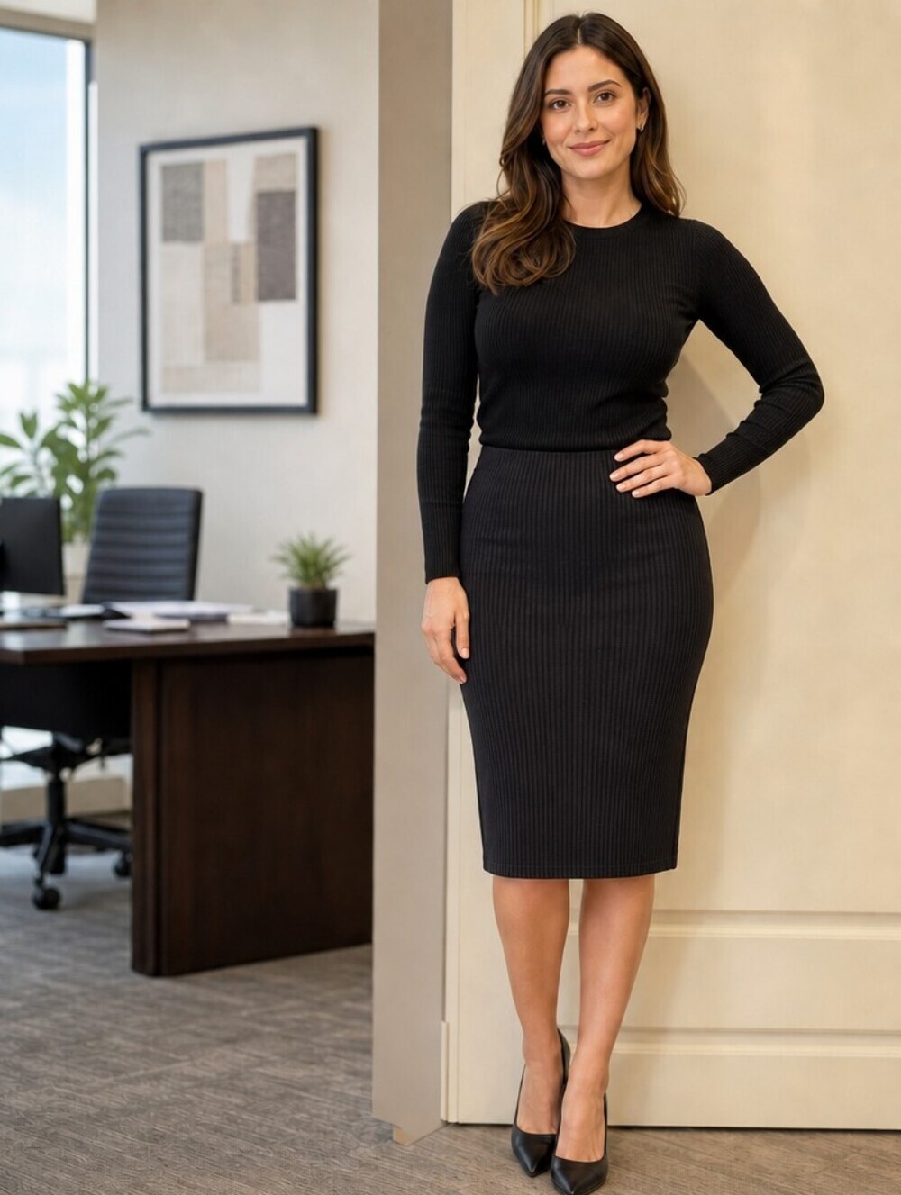 Black Ribbed Knit Pencil Skirt - Size Large (12-14) New Closet Staple Versatile